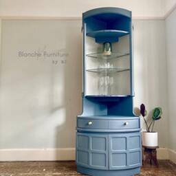 Tall Mid Century Modern Luxury Corner Drinks Cabinets By Nathan - Soapstone Grey Vintage Cocktail Display Unit, With Lining & Lighting - thumbnail 2