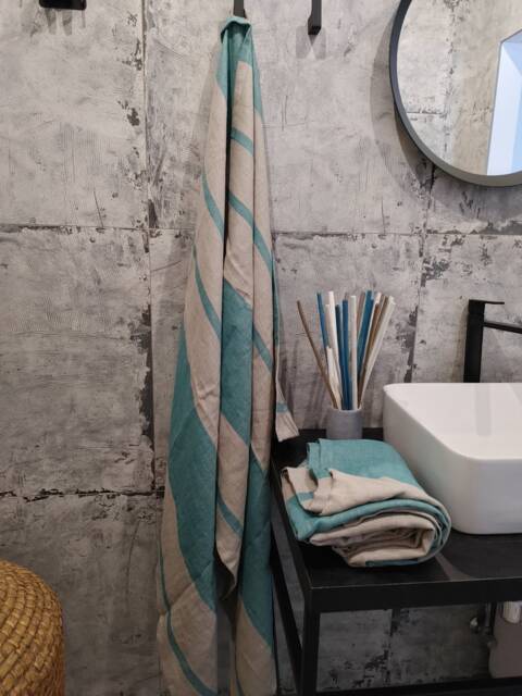 Striped Linen Bath Sheet, Stonewashed Lithuanian Towel - image 1