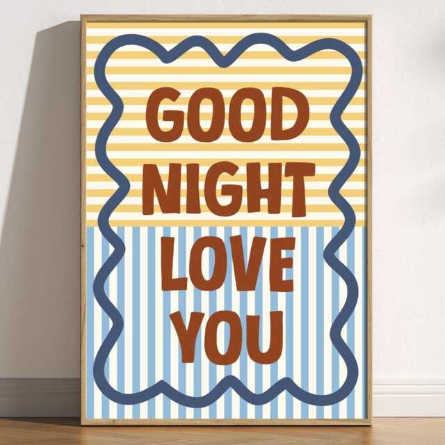 Good Night Love You Print, Retro Striped Bedroom Art, Bold Typography Poster, Colourful Mid Century Modern Home Decor, Whimsical Cute Gift - image 1