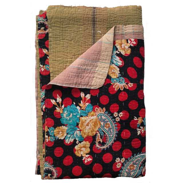 Sale Kantha Throw - Turquoise & Red On Black. Reverse Beige Plaid. Unique/One Of A Kind/Vintage/Boho - image 1