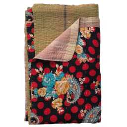 Sale Kantha Throw - Turquoise & Red On Black. Reverse Beige Plaid. Unique/One Of A Kind/Vintage/Boho - thumbnail 1