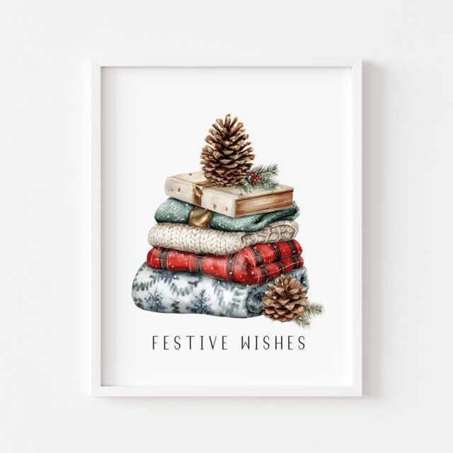 Christmas Print Festive Wishes Red Black & Green Watercolour Wall Art - Unframed - image 1