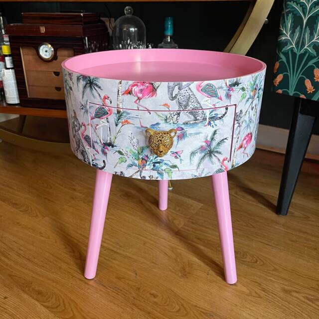 Grey Round Nightstand With Drawer in Flamingo & Elephant Design. Pink Top, Gray Cheetah Print, Ideal Side Table Bedside - image 1