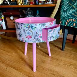 Grey Round Nightstand With Drawer in Flamingo & Elephant Design. Pink Top, Gray Cheetah Print, Ideal Side Table Bedside - thumbnail 2