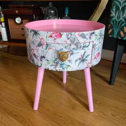 Grey Round Nightstand With Drawer in Flamingo & Elephant Design. Pink Top, Gray Cheetah Print, Ideal Side Table Bedside
