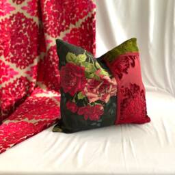 "Designers Guild Floral Pillow Red, White, Green Cotton & Cut Velvet - 12""/18" - thumbnail 2