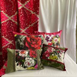 "Designers Guild Floral Pillow Red, White, Green Cotton & Cut Velvet - 12""/18" - thumbnail 3