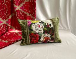 "Designers Guild Floral Pillow Red, White, Green Cotton & Cut Velvet - 12""/18" - thumbnail 1