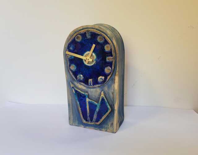 Hand Made Free Standing Blue Ceramic Mantle Clock With Inlaid Glass 25.5 cm Tall - image 1