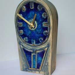 Hand Made Free Standing Blue Ceramic Mantle Clock With Inlaid Glass 25.5 cm Tall - thumbnail 3