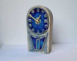 Hand Made Free Standing Blue Ceramic Mantle Clock With Inlaid Glass 25.5 cm Tall - thumbnail 1