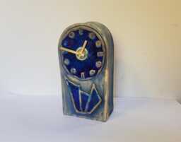 Hand Made Free Standing Blue Ceramic Mantle Clock With Inlaid Glass 25.5 cm Tall