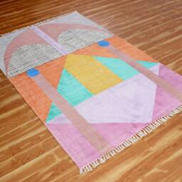 Hand Block Printed Cotton Rug, Multicolor Geometric Kilim - thumbnail 2