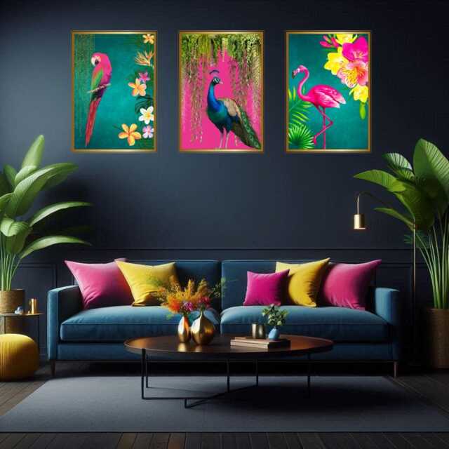 Tropical Bird Wall Art Set Of 3 - Peacock, Flamingo & Parrot Prints Maximalist Jungle D??cor Teal & Hot Pink Exotic Animal Artwork - image 1