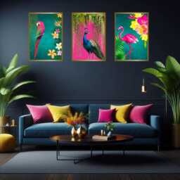 Tropical Bird Wall Art Set Of 3 - Peacock, Flamingo & Parrot Prints Maximalist Jungle D??cor Teal & Hot Pink Exotic Animal Artwork