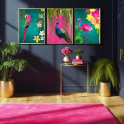 Tropical Bird Wall Art Set Of 3 - Peacock, Flamingo & Parrot Prints Maximalist Jungle D??cor Teal & Hot Pink Exotic Animal Artwork - thumbnail 2