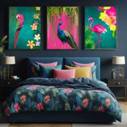 Tropical Bird Wall Art Set Of 3 - Peacock, Flamingo & Parrot Prints Maximalist Jungle D??cor Teal & Hot Pink Exotic Animal Artwork - thumbnail 3