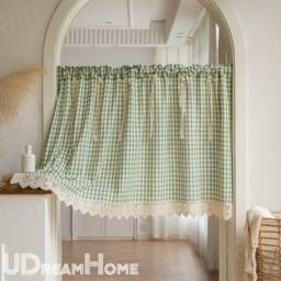 Green Gingham Cafe Curtains Valances With Lace, Farmhouse Country Kitchen Short Curtains, Cotton Linen Half Custom Sizes - thumbnail 2