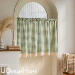Green Gingham Cafe Curtains Valances With Lace, Farmhouse Country Kitchen Short Curtains, Cotton Linen Half Custom Sizes