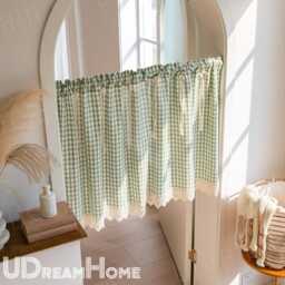 Green Gingham Cafe Curtains Valances With Lace, Farmhouse Country Kitchen Short Curtains, Cotton Linen Half Custom Sizes - thumbnail 3