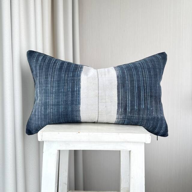 Hmong Pillow Cover Rustic Indigo Block Print, Ethnic Lumbar Cushion - 12x20 Inches - image 1