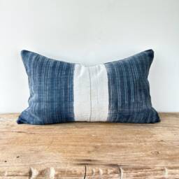 Hmong Pillow Cover Rustic Indigo Block Print, Ethnic Lumbar Cushion - 12x20 Inches - thumbnail 2