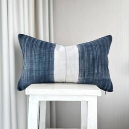 Hmong Pillow Cover Rustic Indigo Block Print, Ethnic Lumbar Cushion - 12x20 Inches - thumbnail 1