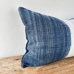 Hmong Pillow Cover Rustic Indigo Block Print, Ethnic Lumbar Cushion - 12x20 Inches - thumbnail 3