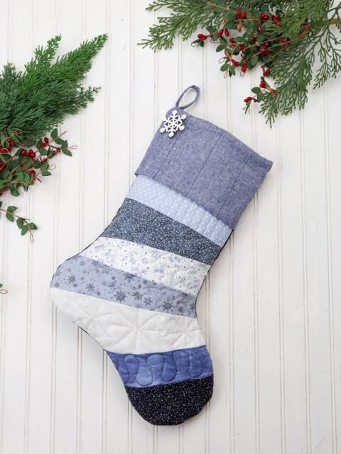 Personalized Quilted Christmas Stocking Blue Patchwork Design, Farmhouse Decor - image 1