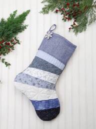 Personalized Quilted Christmas Stocking Blue Patchwork Design, Farmhouse Decor - thumbnail 1