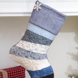Personalized Quilted Christmas Stocking Blue Patchwork Design, Farmhouse Decor - thumbnail 3