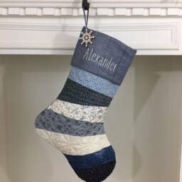 Personalized Quilted Christmas Stocking Blue Patchwork Design, Farmhouse Decor - thumbnail 2