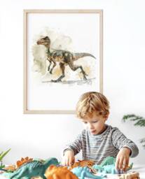 Watercolor Velociraptor Art Print Kids Dinosaur Room Decor - thumbnail 1