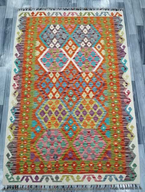 Classic Kilim Rug, Handmade Artisan Afghan Turkish Scandinavian Navajo Bohemian Flatweave Natural Wool Rug 189x125 cm - image 1