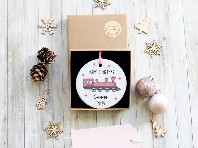 Personalised Pink Train Decoration , Girl Christmas Gift, Steam Engine, Locomotive Ornament - image 1