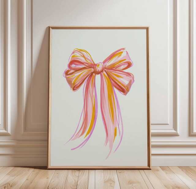 Pink Orange Bow Poster Print, Colorful Ribbon Wall Art, Feminine Room Decor, Whimsical Brushstroke Style, Unframed Girl Art - image 1
