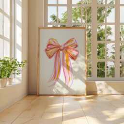 Pink Orange Bow Poster Print, Colorful Ribbon Wall Art, Feminine Room Decor, Whimsical Brushstroke Style, Unframed Girl Art - thumbnail 3