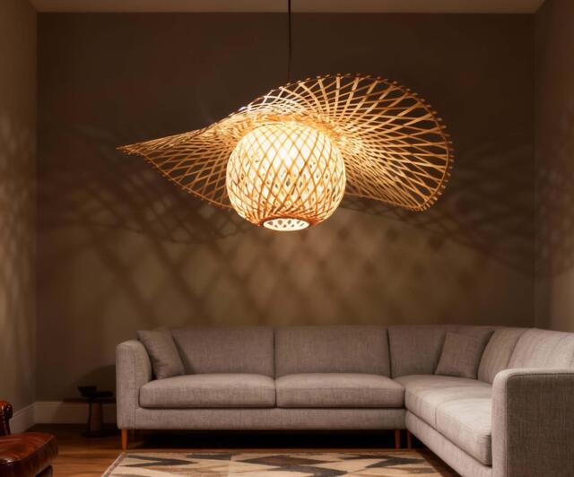 Wave Bamboo Pendant Light Sphere Lampshade, Natural Woven Design - image 1