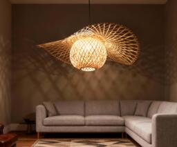 Wave Bamboo Pendant Light Sphere Lampshade, Natural Woven Design - thumbnail 1