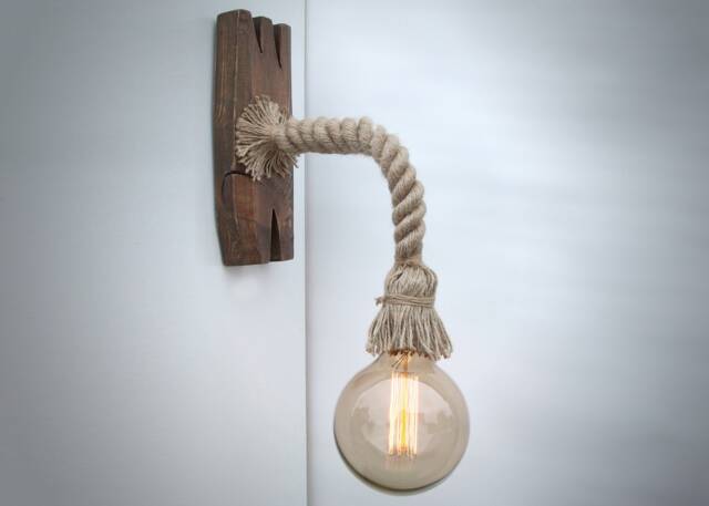 Wall Light Made From A Rope & Aged Wood, Edison Bulb Included, Wooden Original Handmade Sconce, Rustic Light, Wall Fixture - image 1