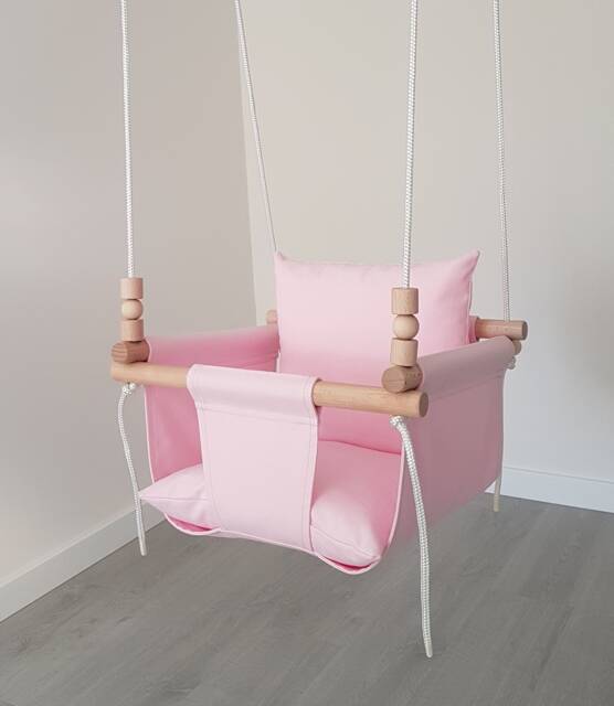 Toddler Swing Pink Cotton Canvas, Wooden Beads, Sensory Therapy - image 1