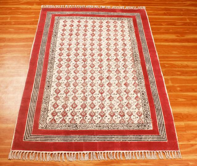 Hand Block Print Cotton Rug, Boho Moroccan Style - image 1