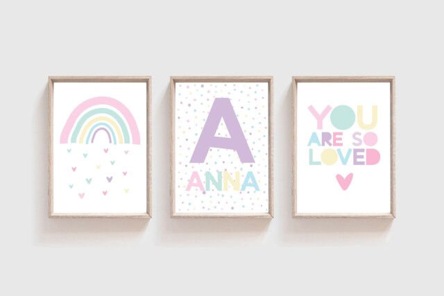 Set Of 3 Girls Nursery Prints, Rainbow Wall Art, Bedroom Print, Decor, You Are Loved - image 1