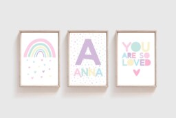Set Of 3 Girls Nursery Prints, Rainbow Wall Art, Bedroom Print, Decor, You Are Loved - thumbnail 1
