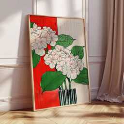 Japanese Hydrangea Poster, Traditional Floral Wall Art, Ukiyo-E Botanical Print, Red & White Flower Decor, Unframed Artwork - thumbnail 2