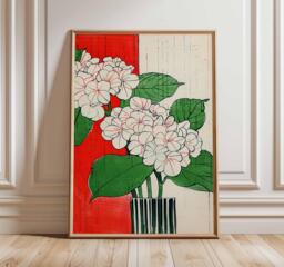 Japanese Hydrangea Poster, Traditional Floral Wall Art, Ukiyo-E Botanical Print, Red & White Flower Decor, Unframed Artwork - thumbnail 1