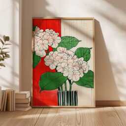 Japanese Hydrangea Poster, Traditional Floral Wall Art, Ukiyo-E Botanical Print, Red & White Flower Decor, Unframed Artwork - thumbnail 3