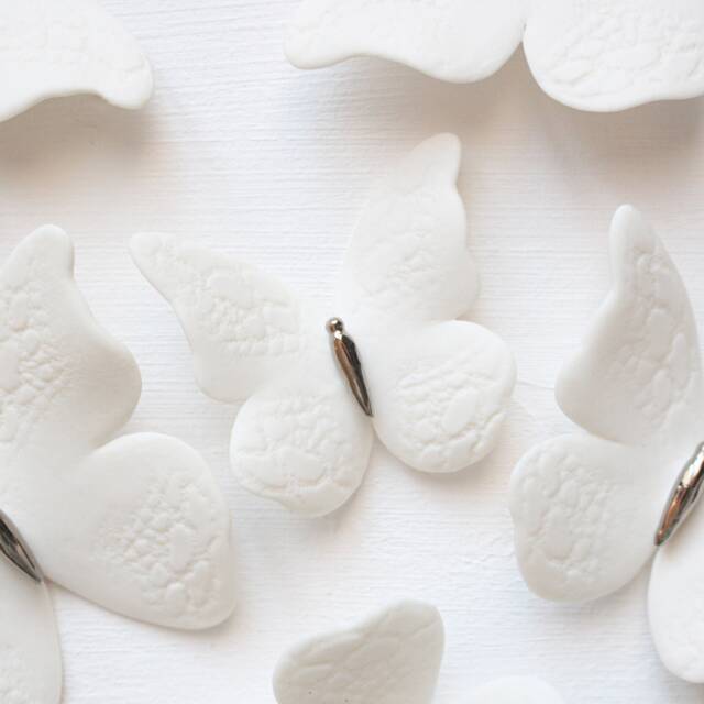 3 White Porcelain & Platinum Butterflies With Lace Print For Wall Decoration - image 1