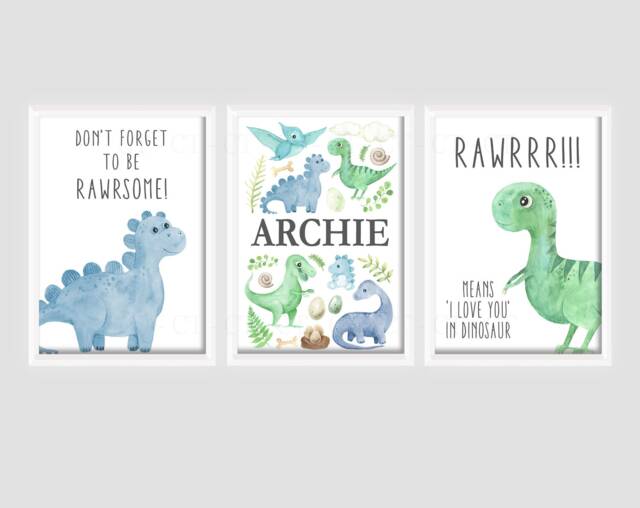 Blue Green Dinosaur Boys A4 Or A3 Bedroom Nursery Set Of 3 Unframed Prints Grey Dino - image 1