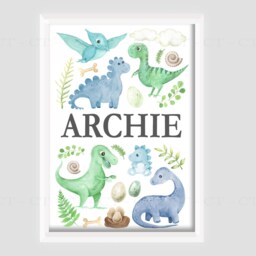 Blue Green Dinosaur Boys A4 Or A3 Bedroom Nursery Set Of 3 Unframed Prints Grey Dino - thumbnail 2